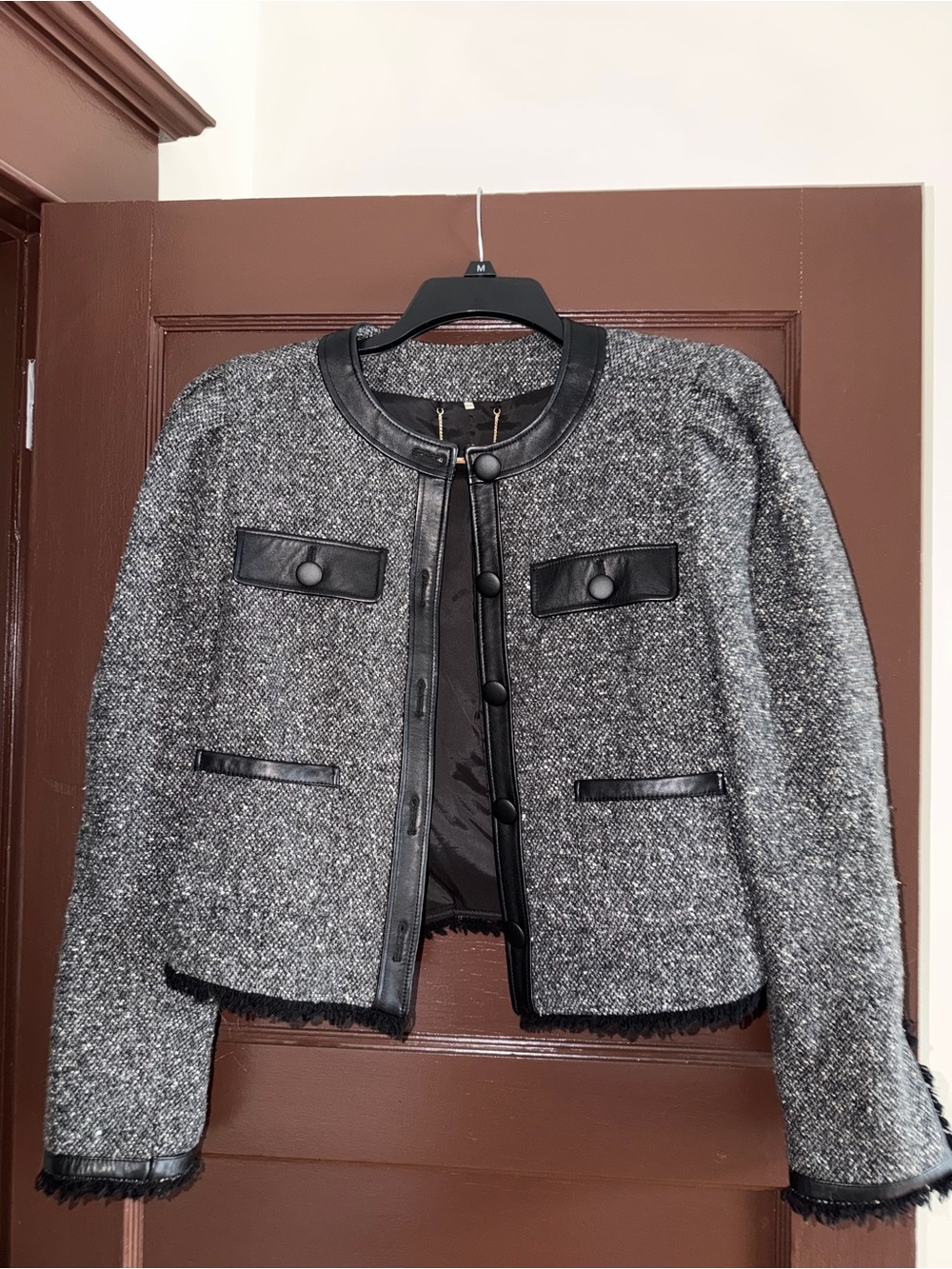 Frame Denim Gray Tweed Jacket with Black Leather Trim